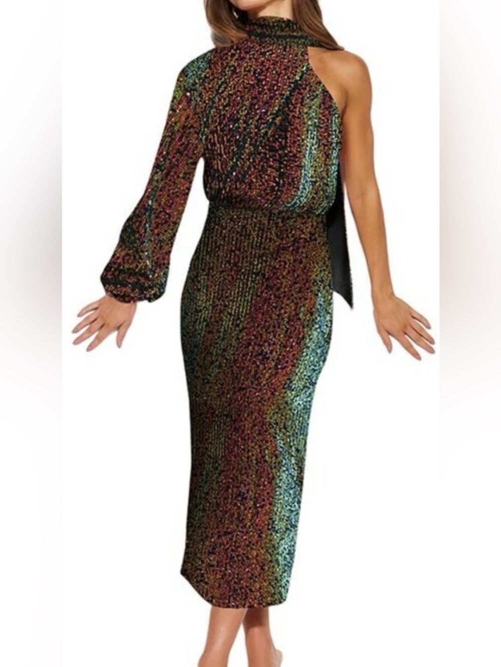 One-Shoulder Metallic Multicolor Sequin Midi Dress